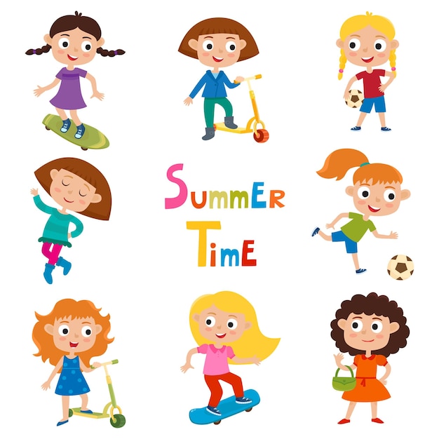 Conjunto de niños de verano haciendo actividades al aire libre ilustración