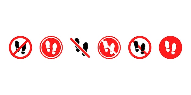 conjunto, de, no, zapatos, vector, iconos, señal roja, con, parada, prohibición, prohibición, prohibido, calzado