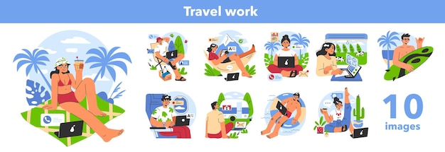 Conjunto de nómadas digitales Freelancer trabajando de forma remota en la computadora portátil globalmente