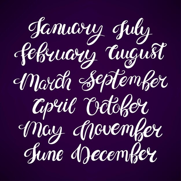 Conjunto de nombres de meses del año. tipografía dibujada a mano