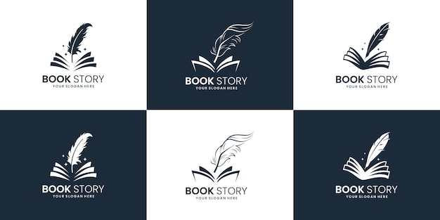 Conjunto de nota de inspiración de diseño de logotipo de pluma de historia de libro y colección de diseño de logotipo de pluma