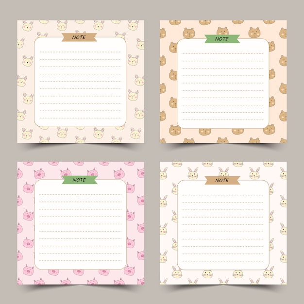 Conjunto de notas de diario lindo con marco de pequeños animales.