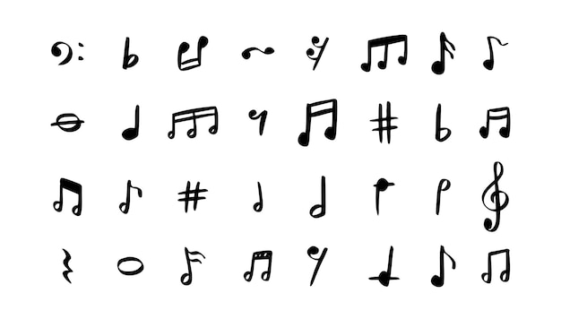 Conjunto de notas dibujadas a mano con un bolígrafo negro dibujo de música dibujo de notas ilustración vectorial