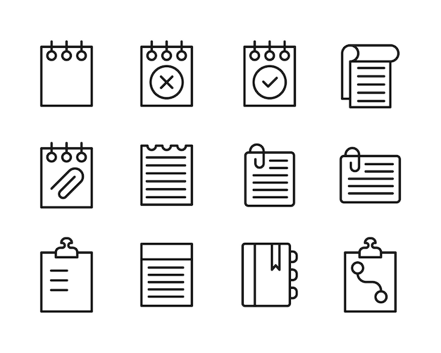 Conjunto de notas de esquema simples y tareas Iconos Paquete de iconos de arte de línea delgada Ilustración vectorial