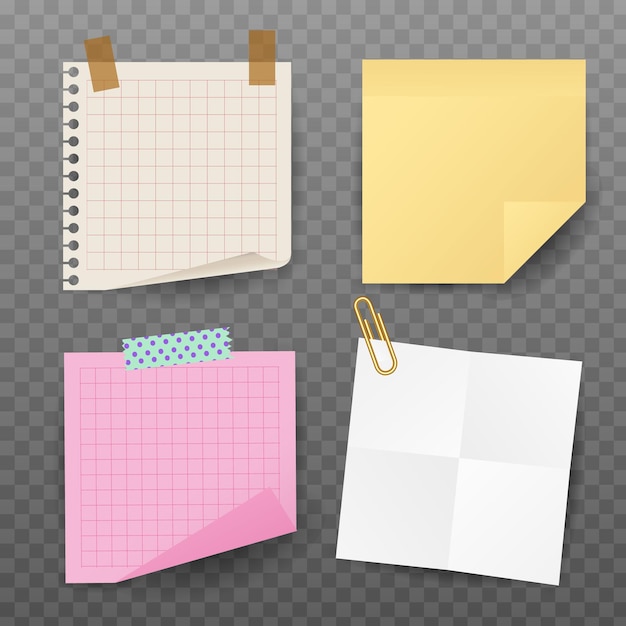 Conjunto de notas pegajosas realistas y hojas de papel rasgadas con cinta coloridas y papel de cuaderno