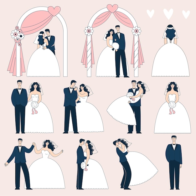 Conjunto de novios en diferentes poses. la novia y el novio bajo el arco de la boda. ilustración de vector de doodle