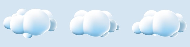 Conjunto de nubes 3d fondo aislado Representar iconos de nubes esponjosas de dibujos animados redondos suaves Formas geométricas 3d Varias formas de nubes suaves de dibujos animados Ilustración vectorial