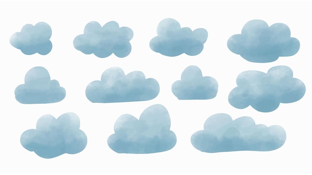 Vector conjunto de nubes azules de acuarela ilustración vectorial dibujada a mano del cielo bosquejo de bebé de dibujos animados sobre fondo blanco aislado