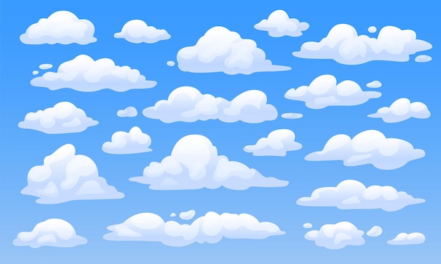 Vector conjunto de nubes blancas al estilo de dibujos animados en un fondo azul elementos vectoriales