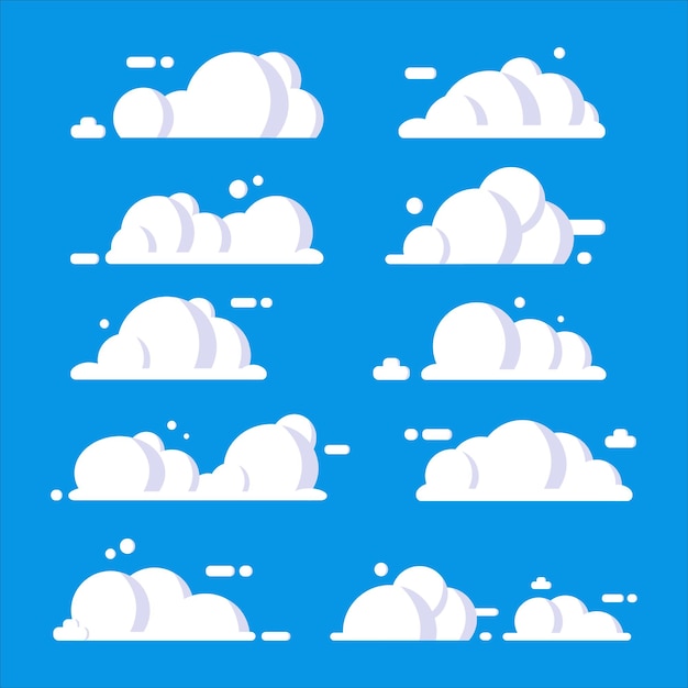 Conjunto de nubes blancas en estilo de dibujos animados Ilustración vectorial del cielo para su diseño sitio web logotipo aplicación ui banners y concepto de calentamiento sobre fondo azul
