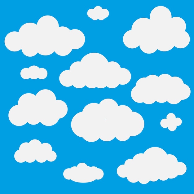 Conjunto de nubes blancas en una ilustración vectorial de fondo azul