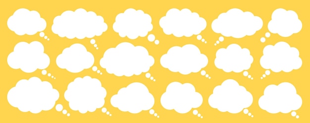 Conjunto de nubes de burbujas planas blancas aisladas en amarillo