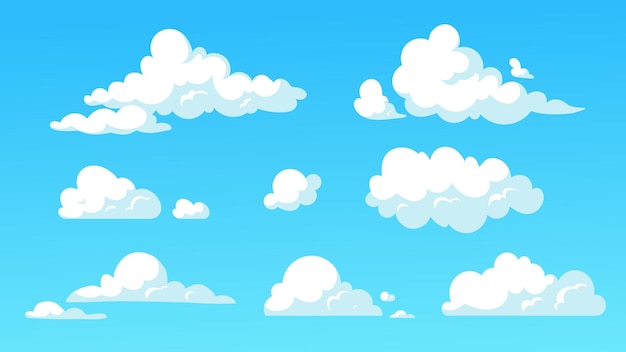 Conjunto de nubes en el cielo Fondo y papel tapiz estilo anime y manga Hermoso panorama natural y paisaje Temporada de verano y primavera Colección de vectores planos de dibujos animados aislados en fondo azul