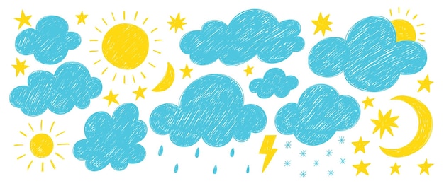 Conjunto de nubes dibujadas a mano, luna y sol con textura de lápiz de colores o lápiz, ilustración de garabateo colorido sobre un fondo blanco