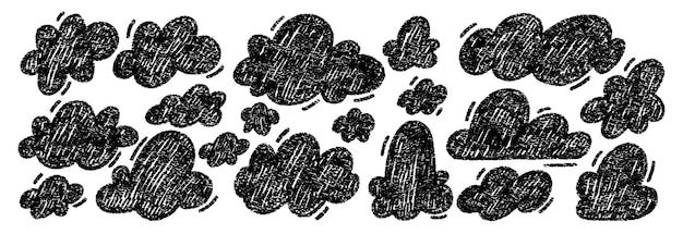 Conjunto de nubes dibujadas a mano con textura de lápiz de colores o tiza