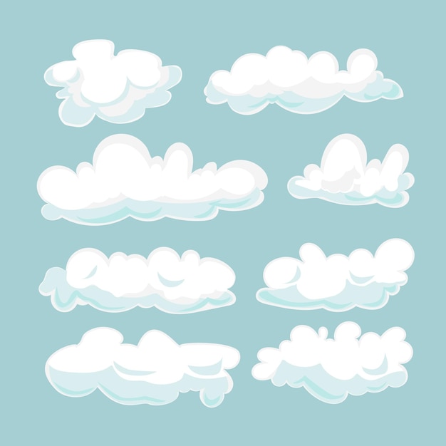 Conjunto de nubes de dibujos animados aislado sobre fondo azul cloudscape en cielo azul nube blanca vector illust