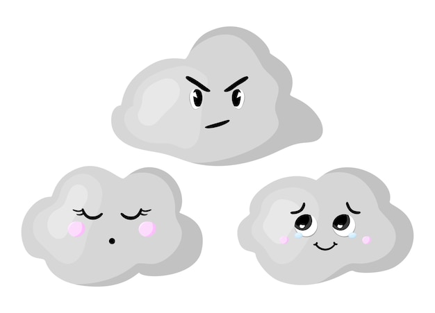 Conjunto de nubes de dibujos animados con emociones Emoji Iconos Pegatinas Fondo blanco Vector Arte plano