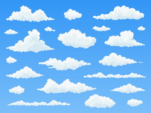 Conjunto de nubes de dibujos animados nubes blancas en el cielo azul ilustración de vector plano