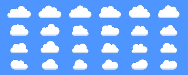 Conjunto de nubes de dibujos animados nubes con colecciones de fondo plano en estilo plano aisladas sobre fondo azul