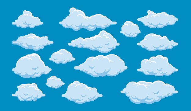 Conjunto de nubes de dibujos animados sobre un fondo azul.