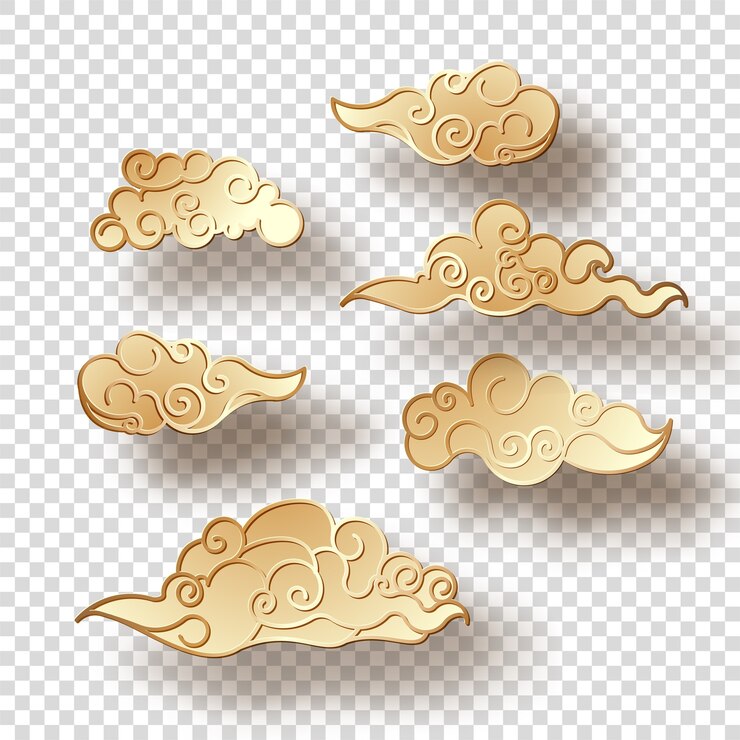 Vector conjunto de nubes doradas con una sombra en estilo chino