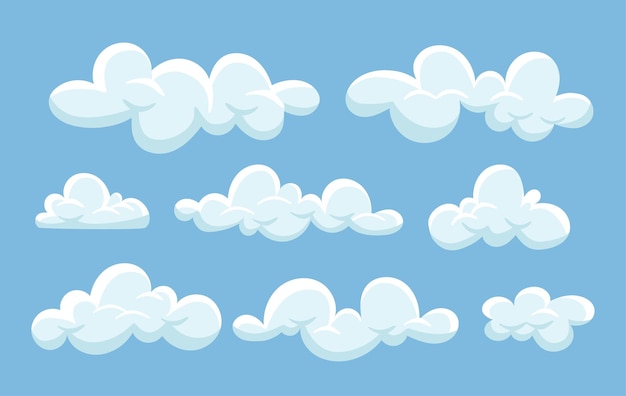 Conjunto de nubes esponjosas pronóstico del tiempo y meteorología primavera y verano temporada de fantasía y