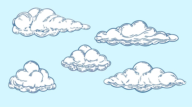 Conjunto de nubes en estilo retro vintage hecho a mano sobre un fondo azul Elementos de diseño de dibujos animados