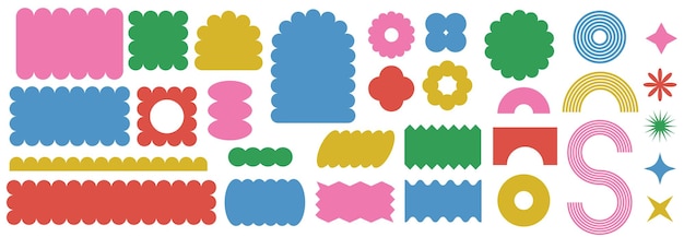 conjunto de nubes formas brutales figura multicolor moderno brutal arco figuras de flores de estrellas elementos primitivos modernos modernos brutales