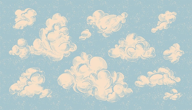 Vector conjunto de nubes grabadas vintage dibujadas a mano ilustración detallada de tinta cielo cielo nube boceto estilo retro