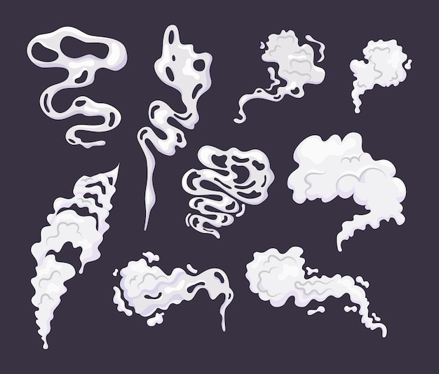 Vector conjunto de nubes de humo cómico, nubes de vapor de dibujos animados humeantes con velocidad de movimiento sprite.