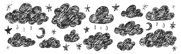 Conjunto de nubes de lápices de colores estrellas y gotas