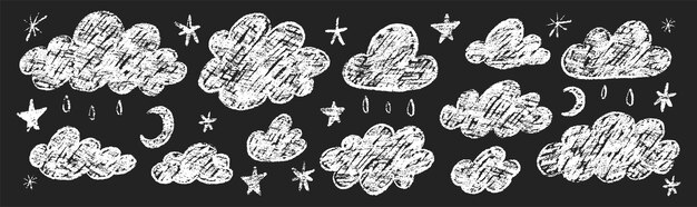 Conjunto de nubes de lápices de colores estrellas y gotas