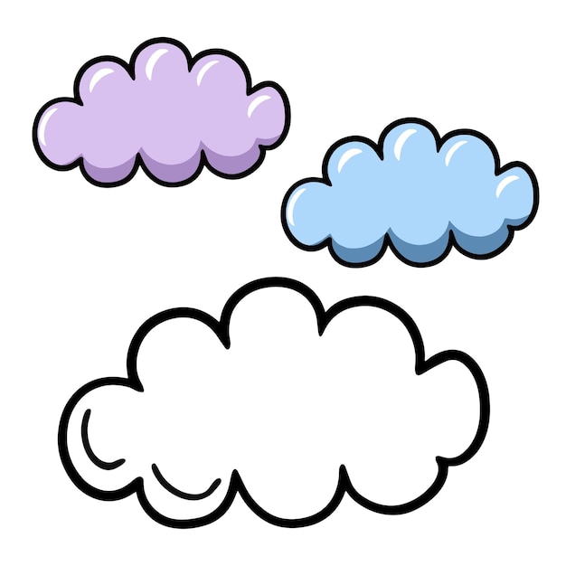 Un conjunto de nubes de luz multicolores de dibujos animados y un boceto de ilustraciones de vectores de tiempo nublado