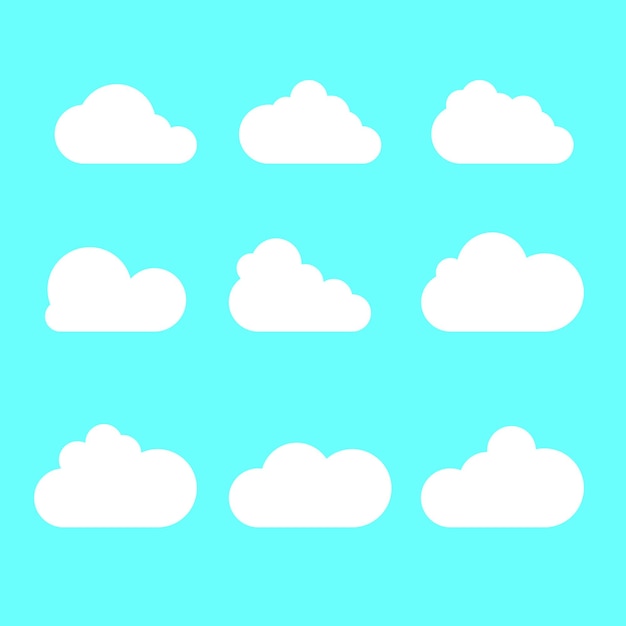 Conjunto de nubes Nubes de dibujos animados aisladas sobre fondo azul. Ilustración vectorial