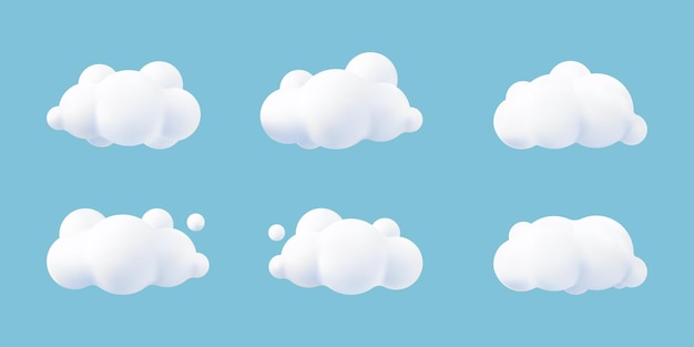 Conjunto de nubes realistas 3d blancas aislado en un fondo azul. Render icono de nubes esponjosas de dibujos animados redondos suaves en el cielo azul. Ilustración de vector de formas geométricas 3d