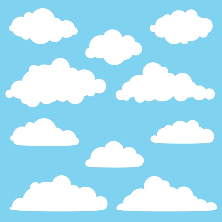 Conjunto de nubes simples diferentes blancas aisladas en un fondo azul