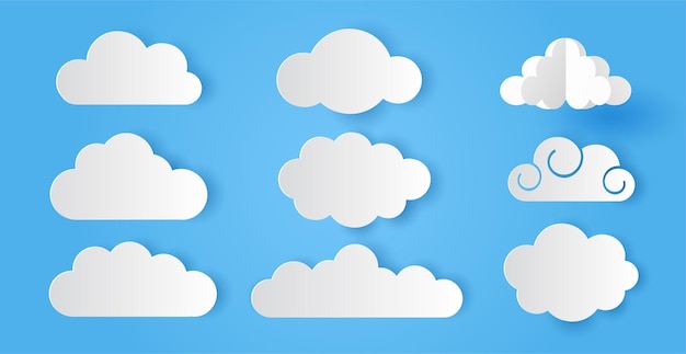 Conjunto de nubes sobre fondo de cielo azul estilo de corte de papel ilustración vectorial