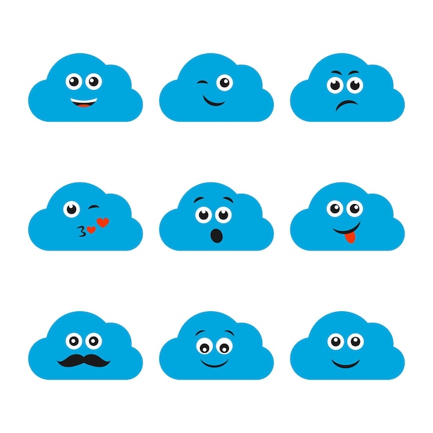 Conjunto de nubes con sonrisas. Nueve nubes azules con diferentes caritas sonrientes. ilustración vectorial