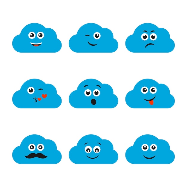 Conjunto de nubes con sonrisas. nueve nubes azules con diferentes caritas sonrientes. ilustración vectorial