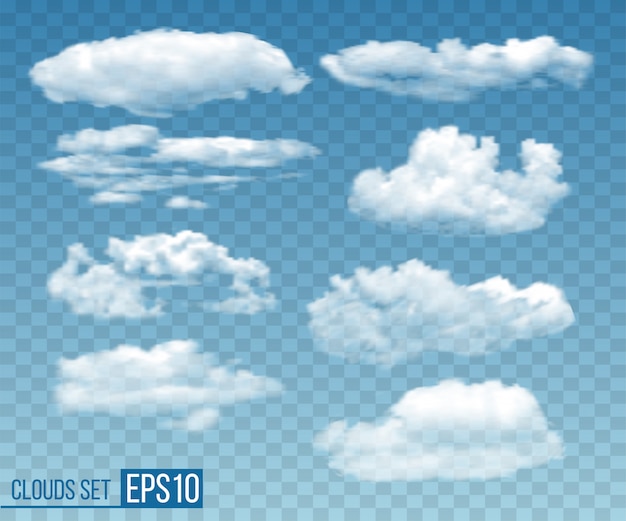 Conjunto de nubes transparentes realistas en el cielo azul