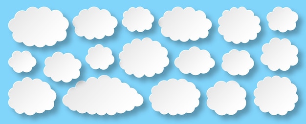 Vector conjunto de nubes vectoriales cortadas en papel blanco aisladas en azul