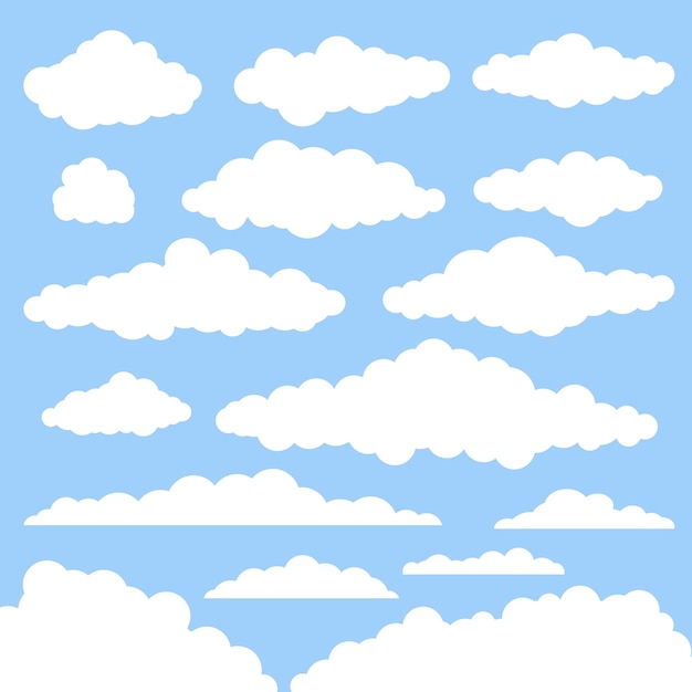 Vector conjunto de nubes vectoriales simples nubes blancas abstractas de diferentes formas y tamaños aisladas sobre fondo azul ilustración vectorial