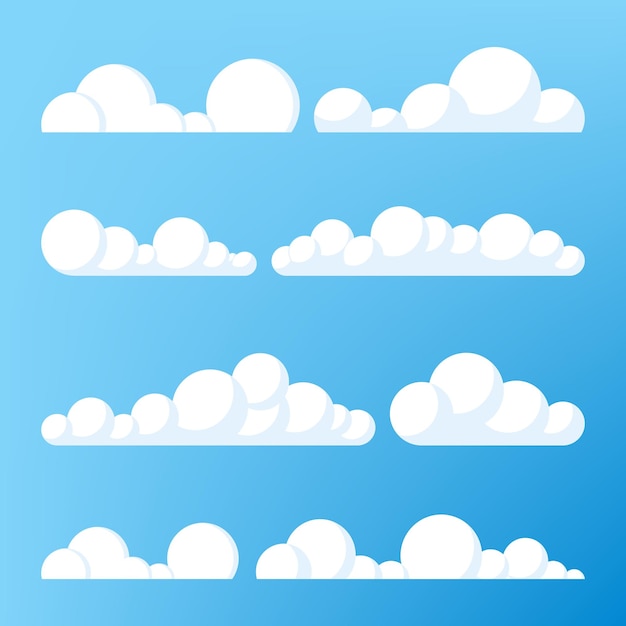 Conjunto nublado sobre un fondo azul Cielo azul y nubes blancas Elementos meteorológicos de la naturaleza vector conjunto de ilustración de stock plano Ilustración vectorial