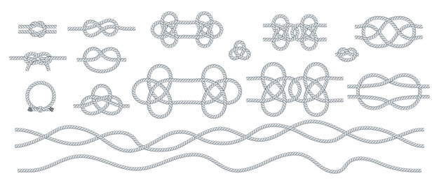 Conjunto de nudos de cuerda de viaje náutico y lazos decorativos cordón trenzado
