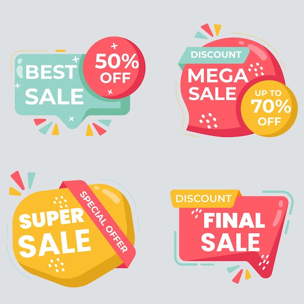 Conjunto de nuevas pegatinas, etiquetas y etiquetas de venta, pegatinas y insignias de compra para mercancías y promociones