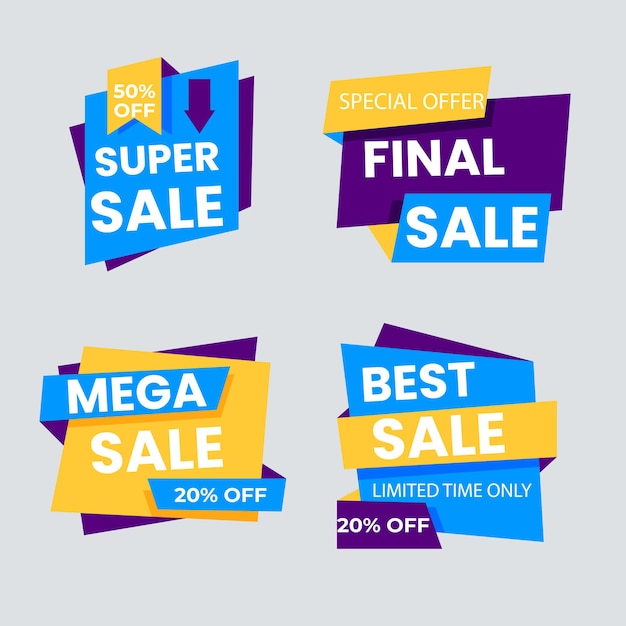 Conjunto de nuevas pegatinas, etiquetas y etiquetas de venta, pegatinas y insignias de compra para mercancías y promociones