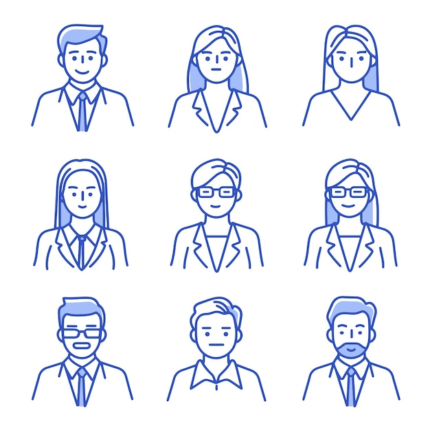 Un conjunto de nueve avatares temáticos de negocios en un estilo de arte de línea minimalista con acentos azules Cada personaje presenta diferentes peinados gafas y ropa de negocios