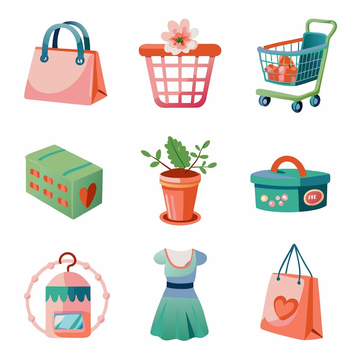 Vector conjunto de nueve coloridas compras y elementos de la tienda, incluida una bolsa de compras, una canasta de compras, un carrito de compra, una caja de plantas en una olla, un recipiente, un vestido colgante y otra bolsa de compras