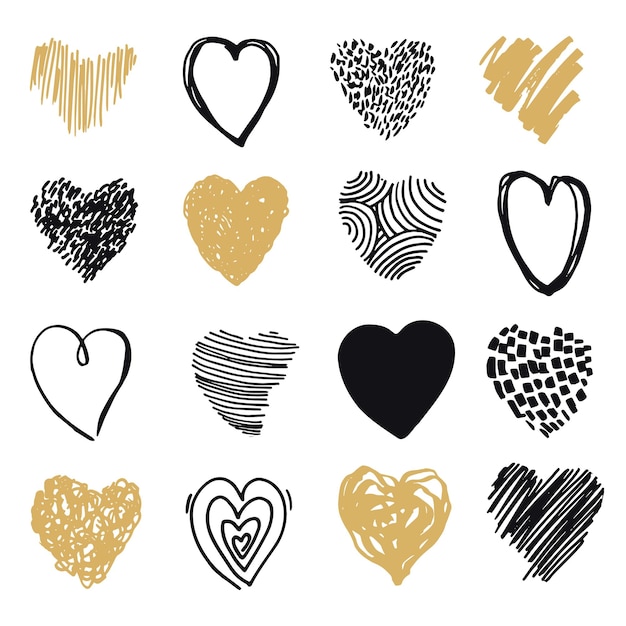 Conjunto de nueve corazones dibujados a mano Corazones de marcador áspero dibujados a mano aislados sobre fondo blanco