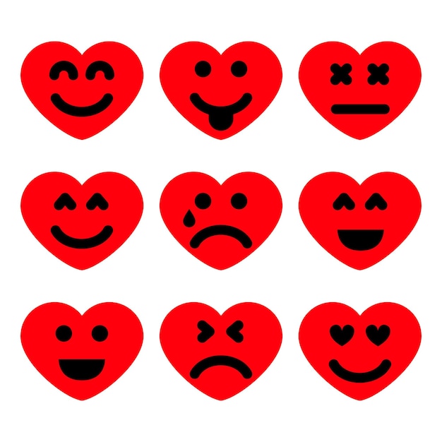 Conjunto de nueve corazones de dibujos animados con emociones. icono de emoji en símbolos de amor. ilustración vectorial